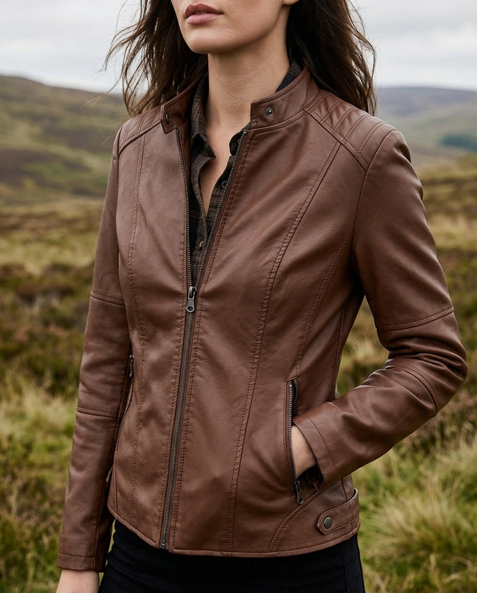Cropped faux leather moto jacket in Brown, shown against a plain studio background