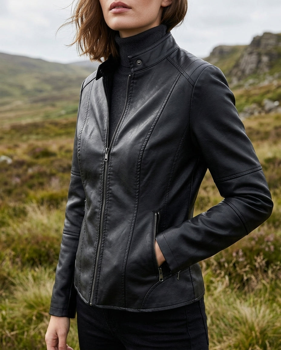 Cropped faux leather moto jacket in Black, shown against a plain studio background