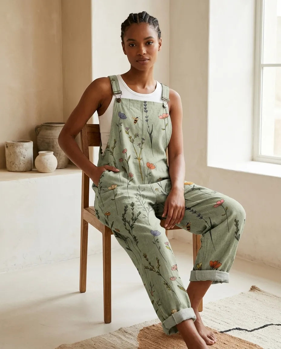 Overalls for Women — close-up of the botanical print