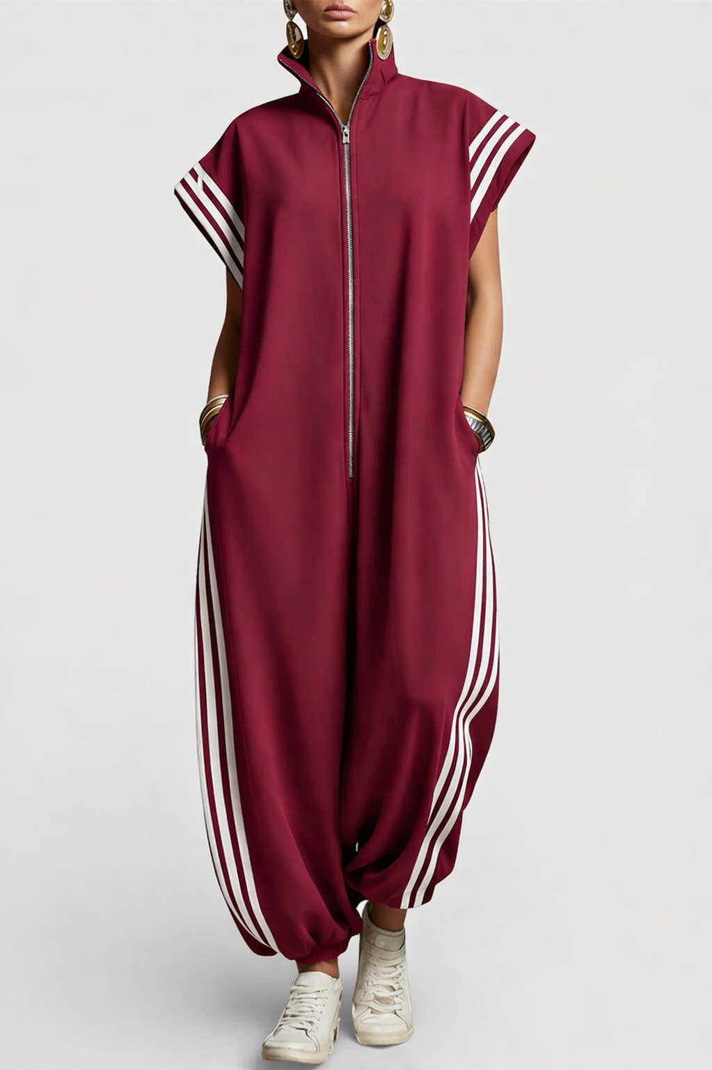 Sleeveless Zip Neck Jumpsuit for Women in Burgundy