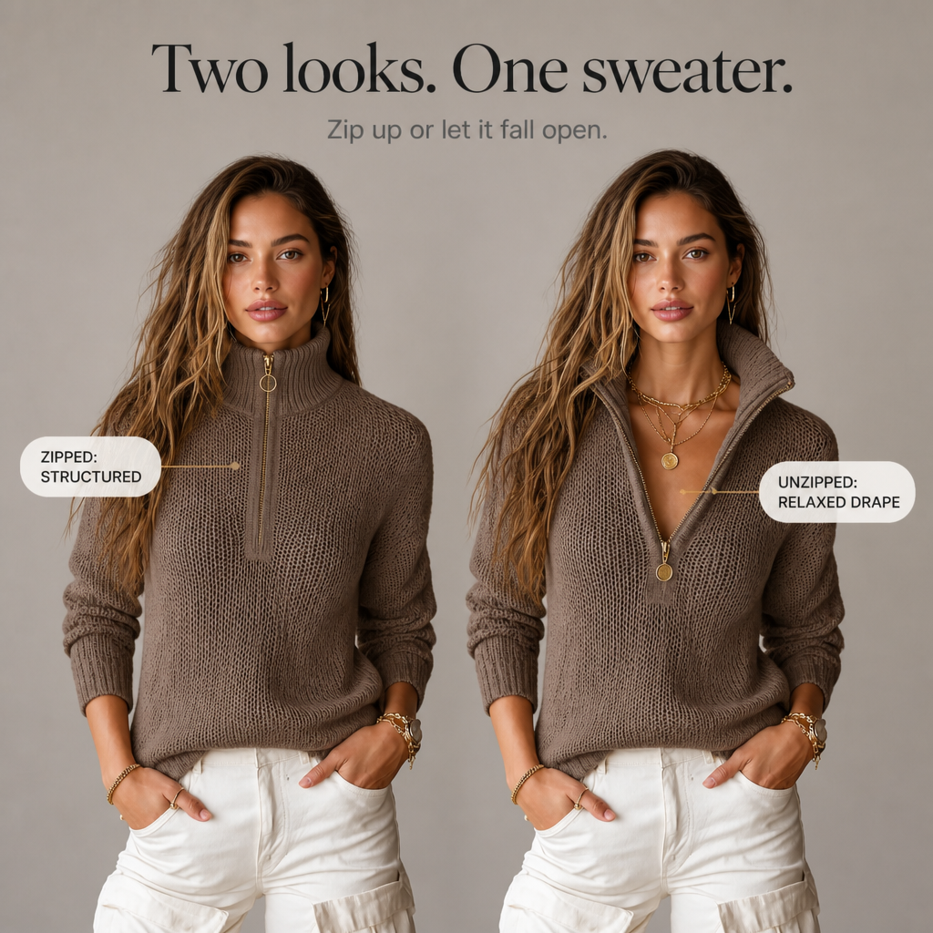 Quarter Zip Sweater for Women — close-up of the waffle knit