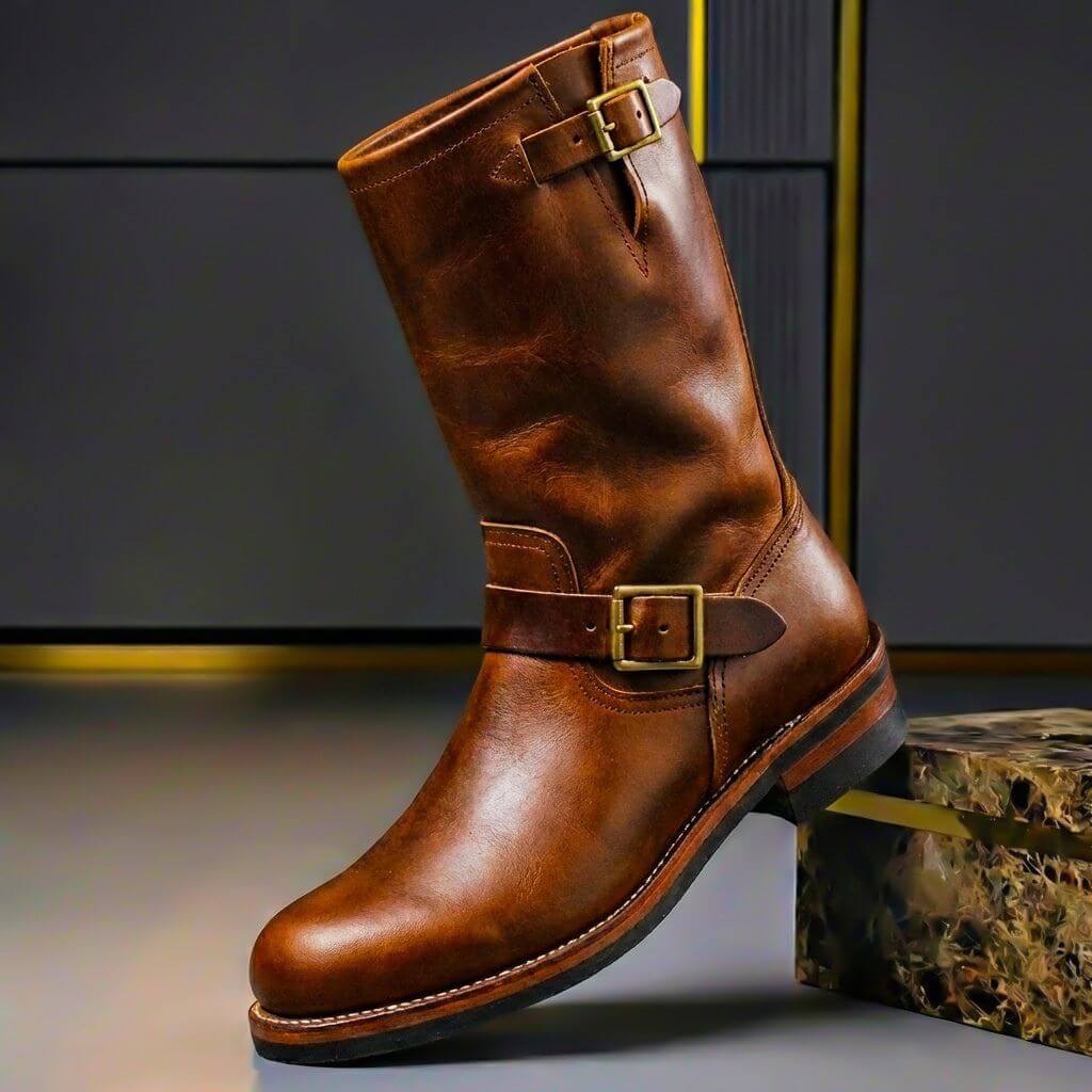 Cognac brown zip up leather boot, angled view
