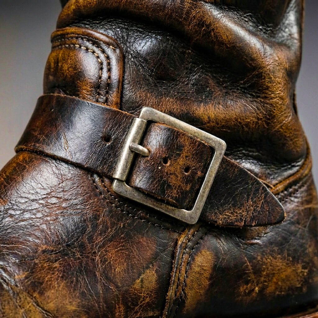 Hand stitched welt and upper detail of the leather boot