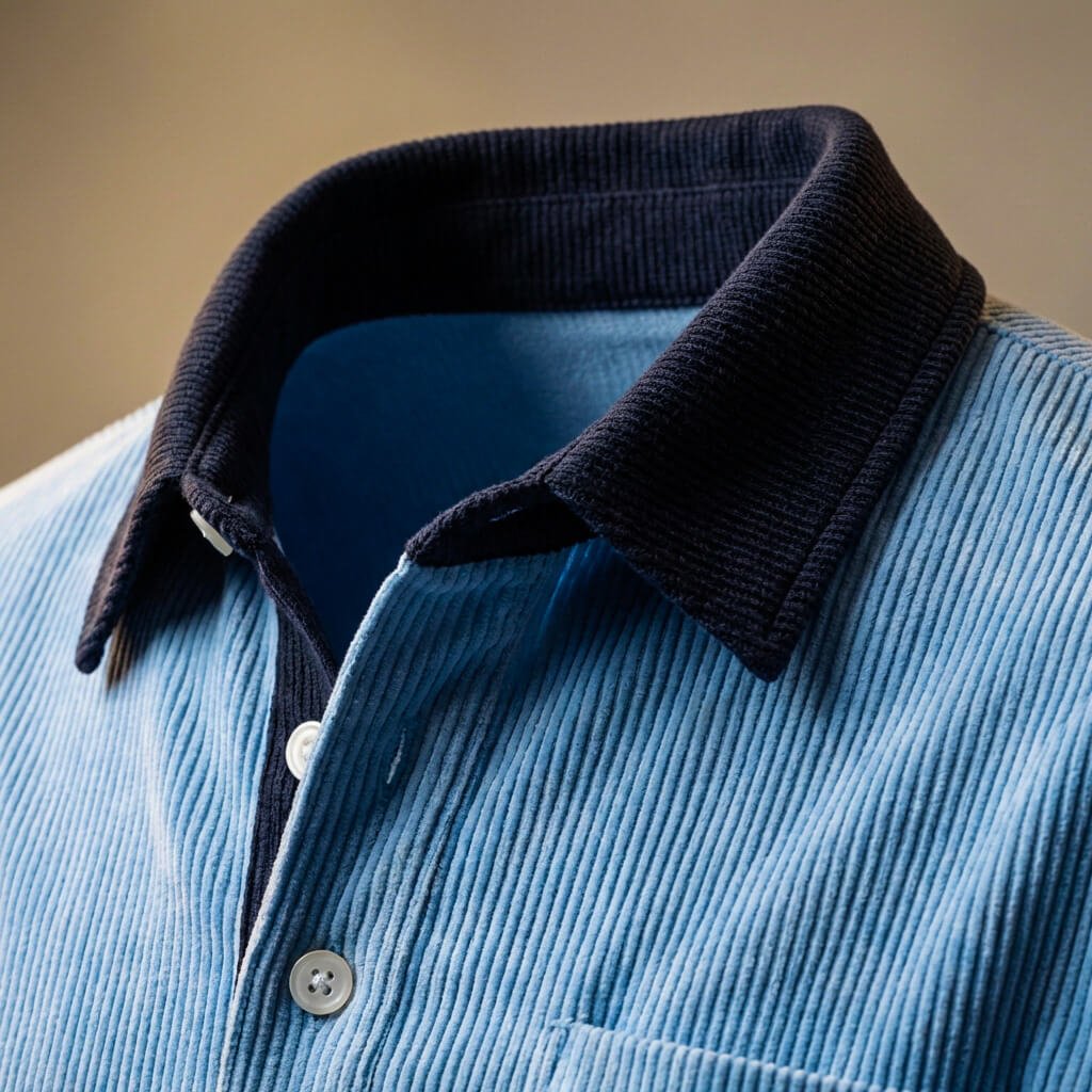 Men's corduroy long sleeve polo shirt — detail of the fabric and stitching