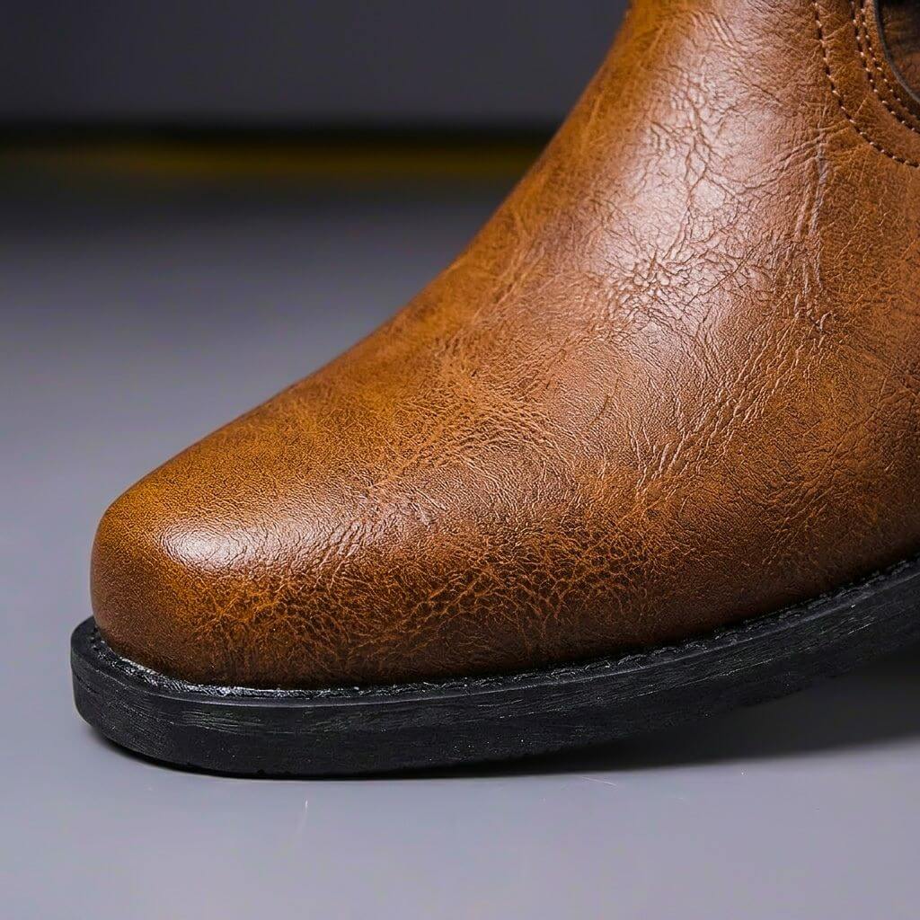 Close look at the boot's polished metal eyelets and stitching