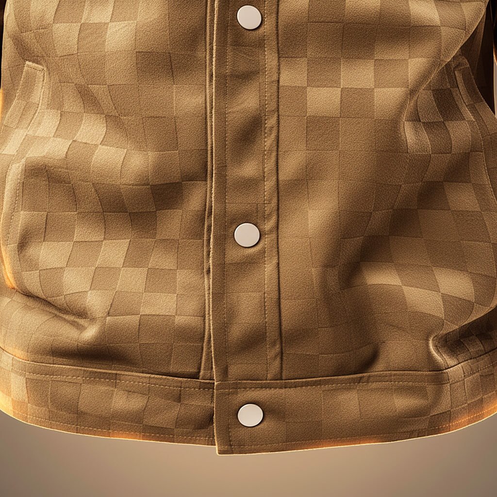Detail of the chest pocket and plaid suede texture on the men's shirt jacket