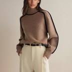 Cashmere turtleneck sweater for women in brown, worn loose over denim