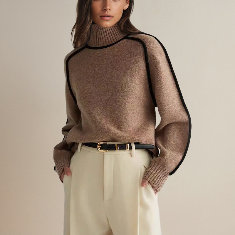 Cashmere turtleneck sweater for women in brown, worn loose over denim