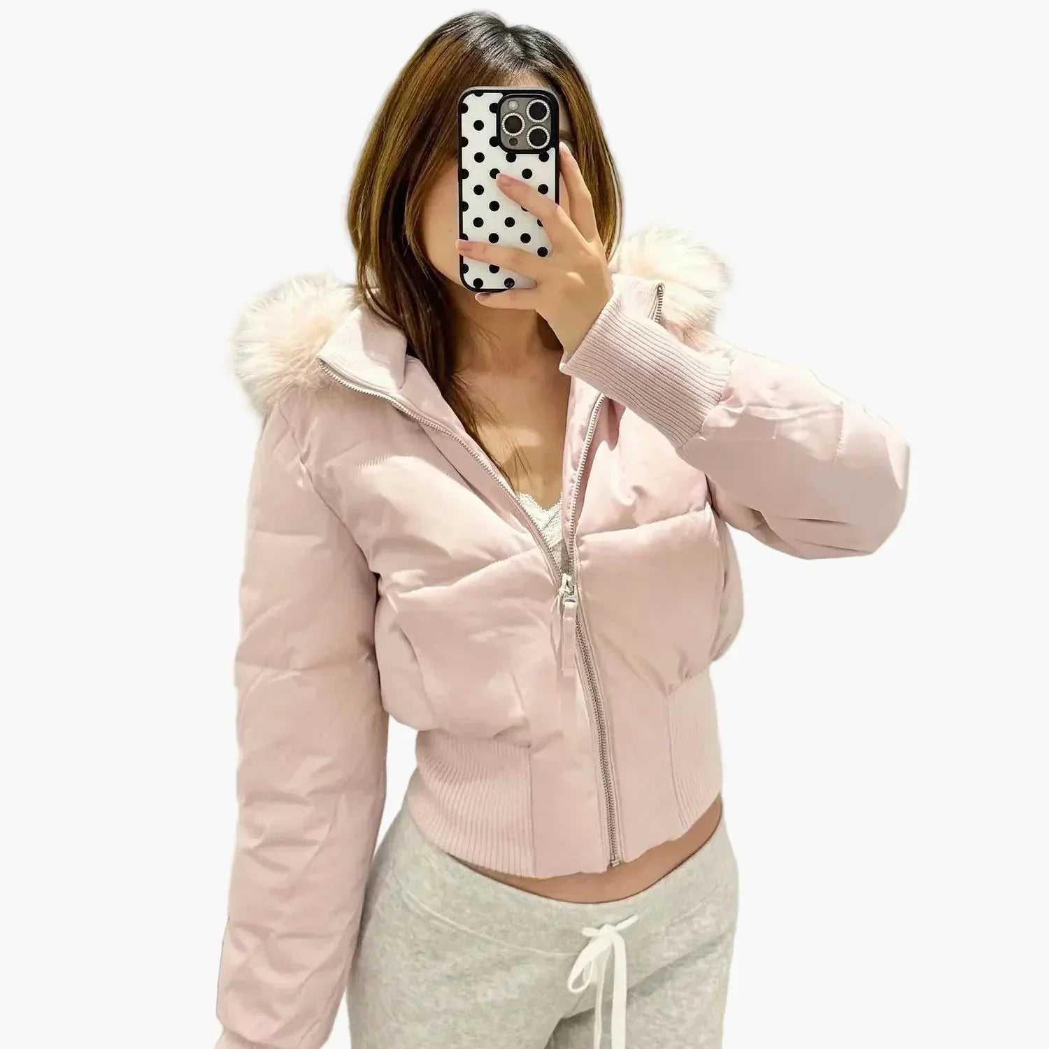 Cropped Quilted Puffer Jacket for Women in Pink