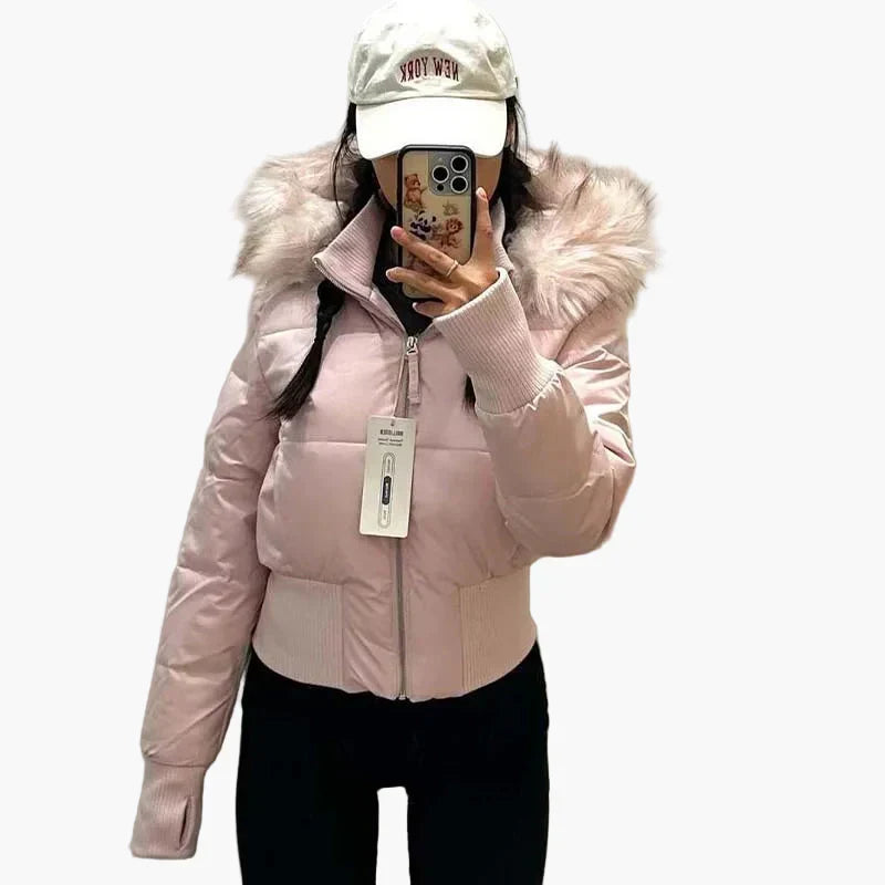Cropped Quilted Puffer Jacket for Women — quilted channel detail