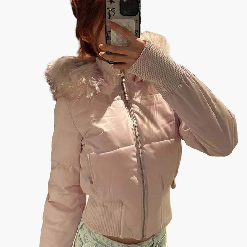 Cropped Quilted Puffer Jacket for Women — hood and collar view