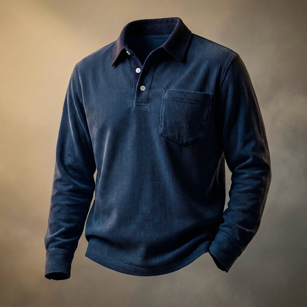 Men's corduroy long sleeve polo shirt in Navy Blue