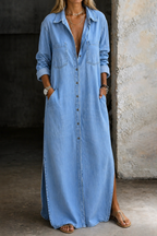Collared Button-Down Maxi Dress for Women in Light Blue
