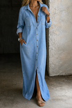 Collared Button-Down Maxi Dress for Women in Light Blue, side slit view