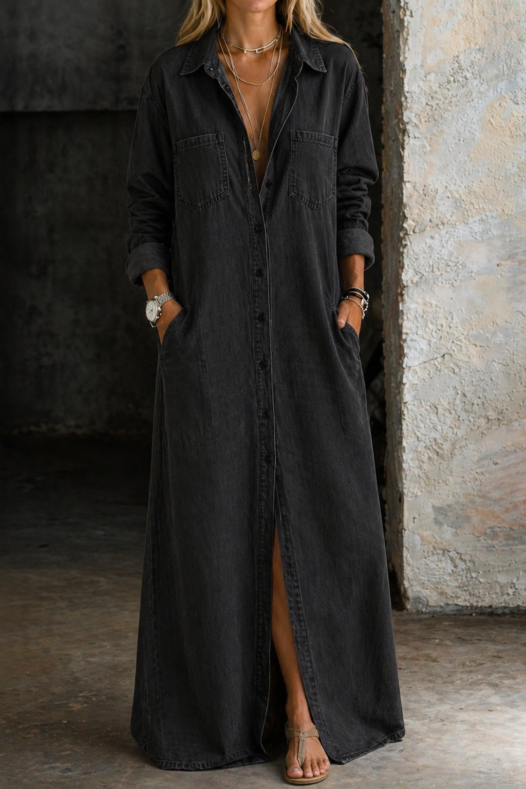 Collared Button-Down Maxi Dress for Women in Black