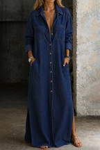 Collared Button-Down Maxi Dress for Women in Black, full-length view