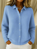 Blue longline cardigan sweater for women, front view worn open