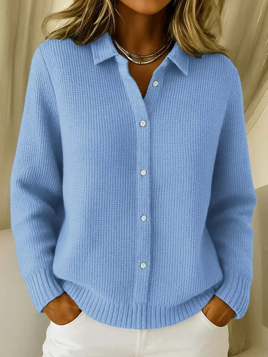 Blue longline cardigan sweater for women, front view worn open