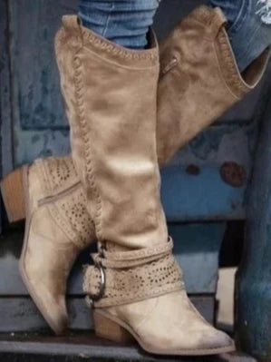 Stacked square heel and rounded toe seen from below