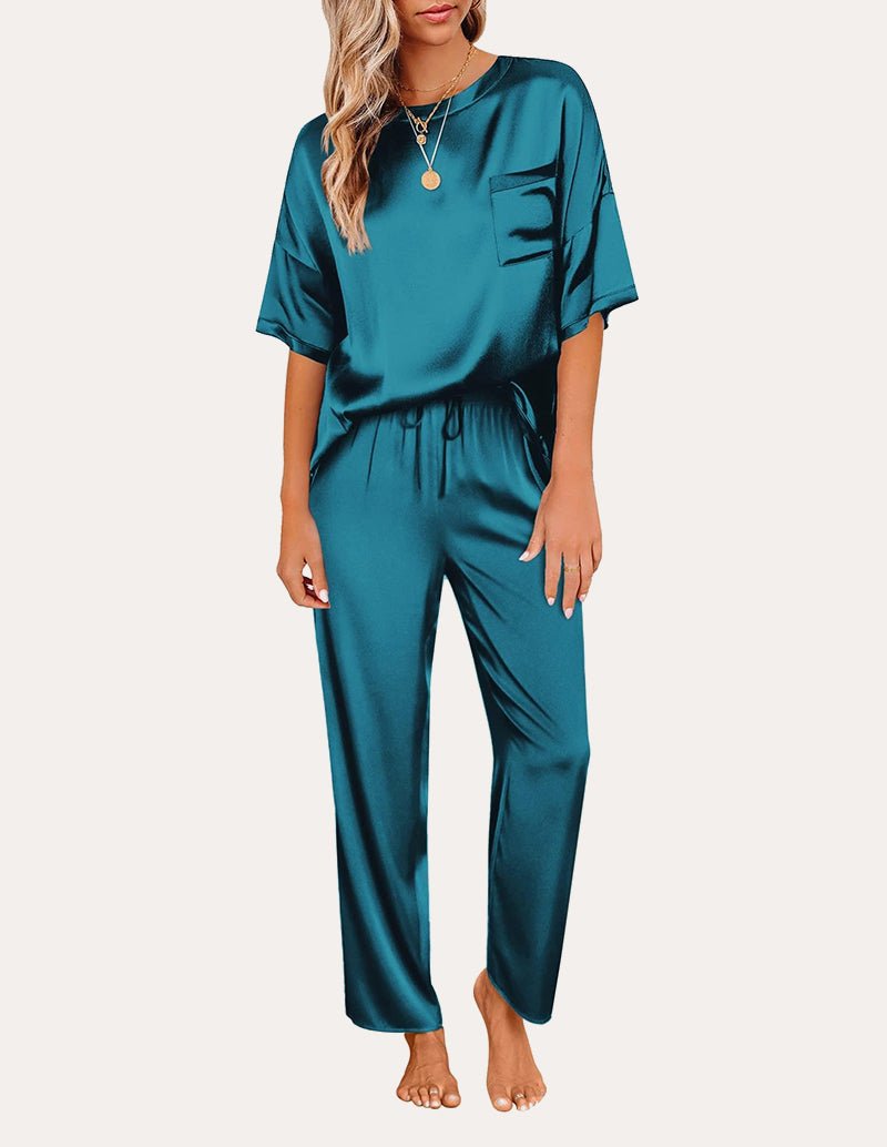 Satin Pajama Sets for Women in Blue Green