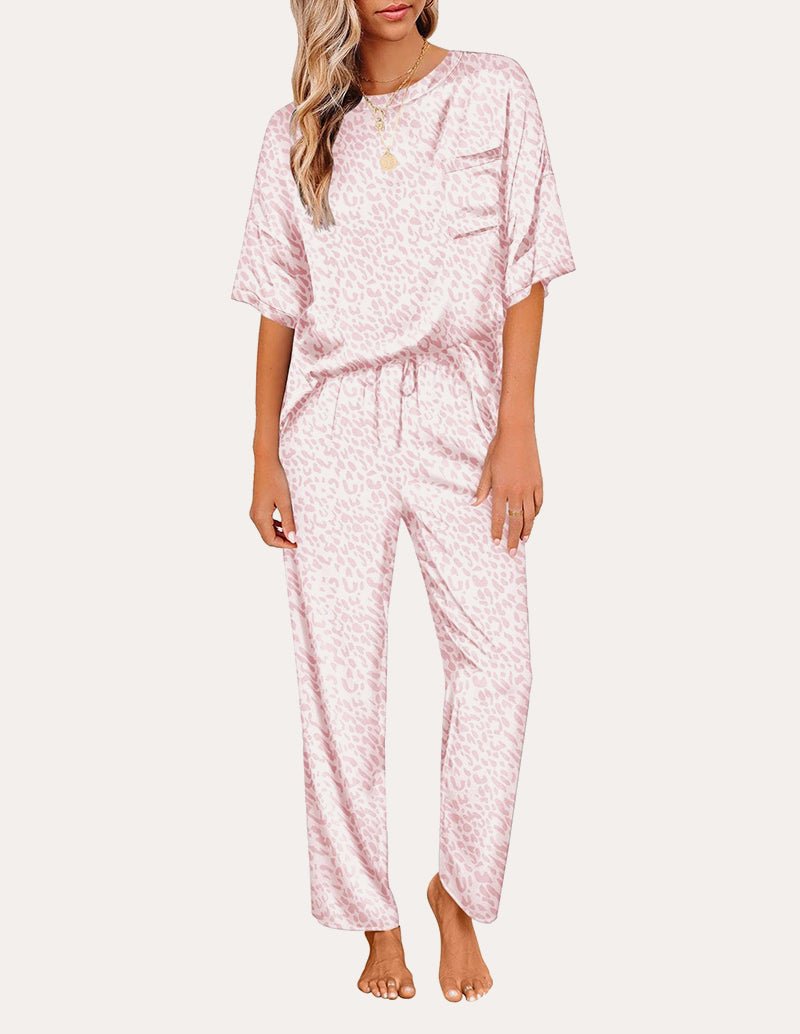 Satin Pajama Sets for Women in Pink Leopard