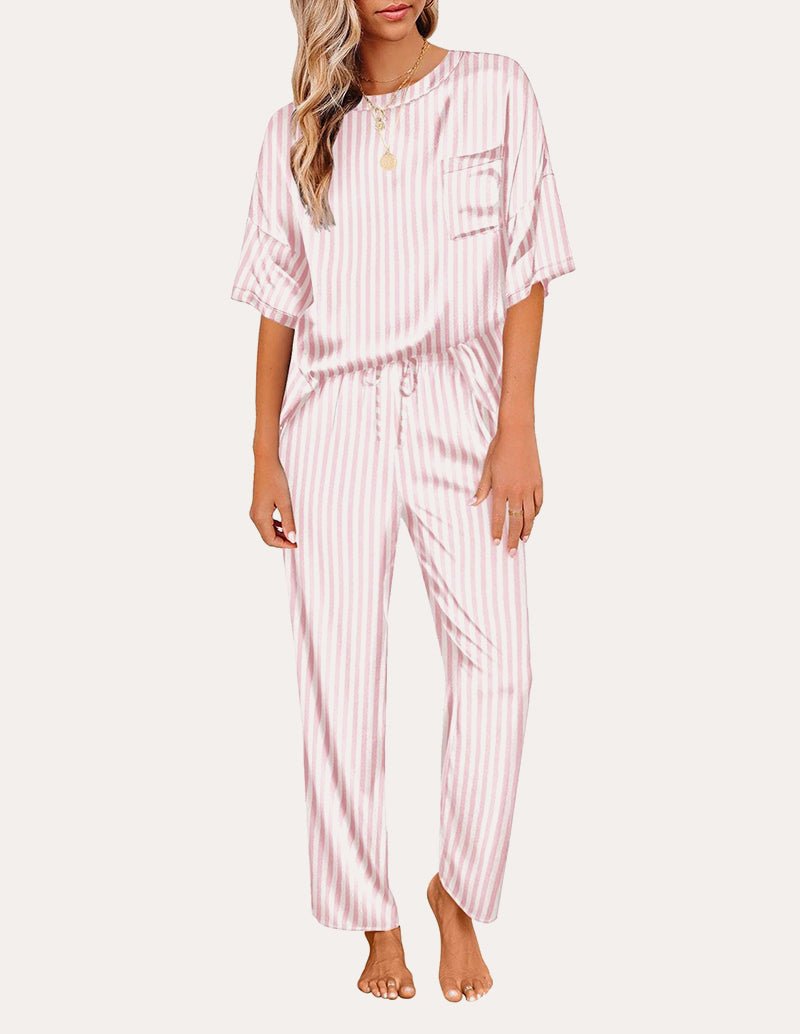 Satin Pajama Sets for Women in Pink Stripes