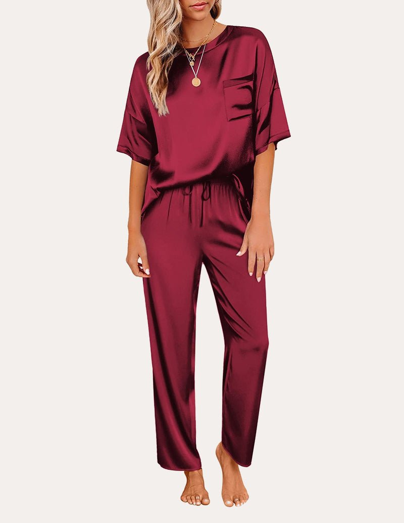 Satin Pajama Sets for Women in Wine Red