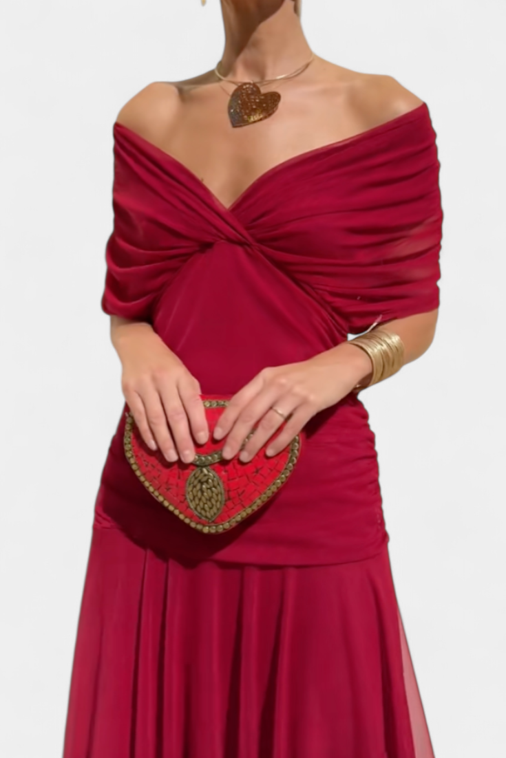 Off Shoulder Maxi Dress for Women in Cherry Red