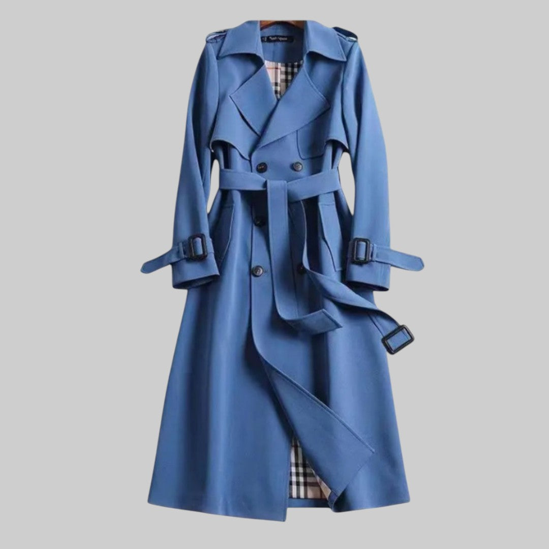 Blue trench shown with the belt left hanging loose
