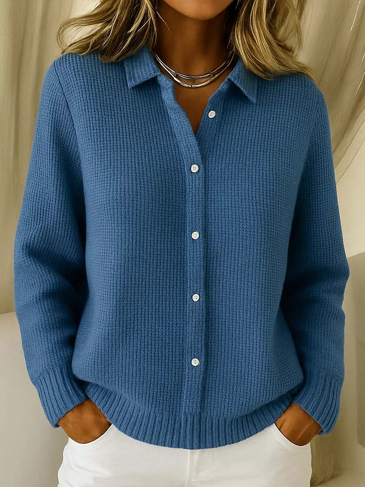 Dark blue longline cardigan sweater for women, front view buttoned