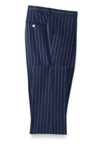 Men's pinstripe dress pants, detail of the button waistband and zip closure