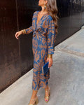Printed A-line maxi dress for women in blue, full-length front view