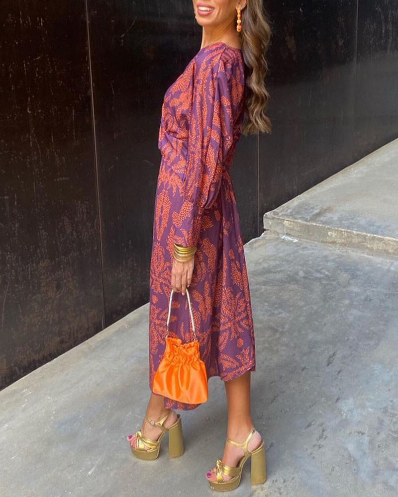 Printed A-line maxi dress for women in purple, floor-skimming length shown worn