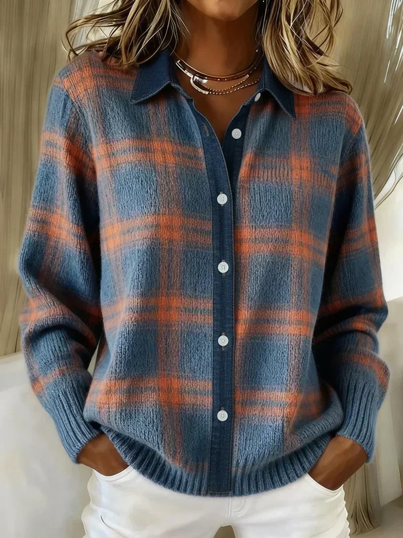 Blue and orange checked cardigan laid flat, buttons fastened up the front