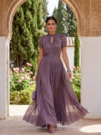 Purple casual midi dress for women, front view worn with flat shoes