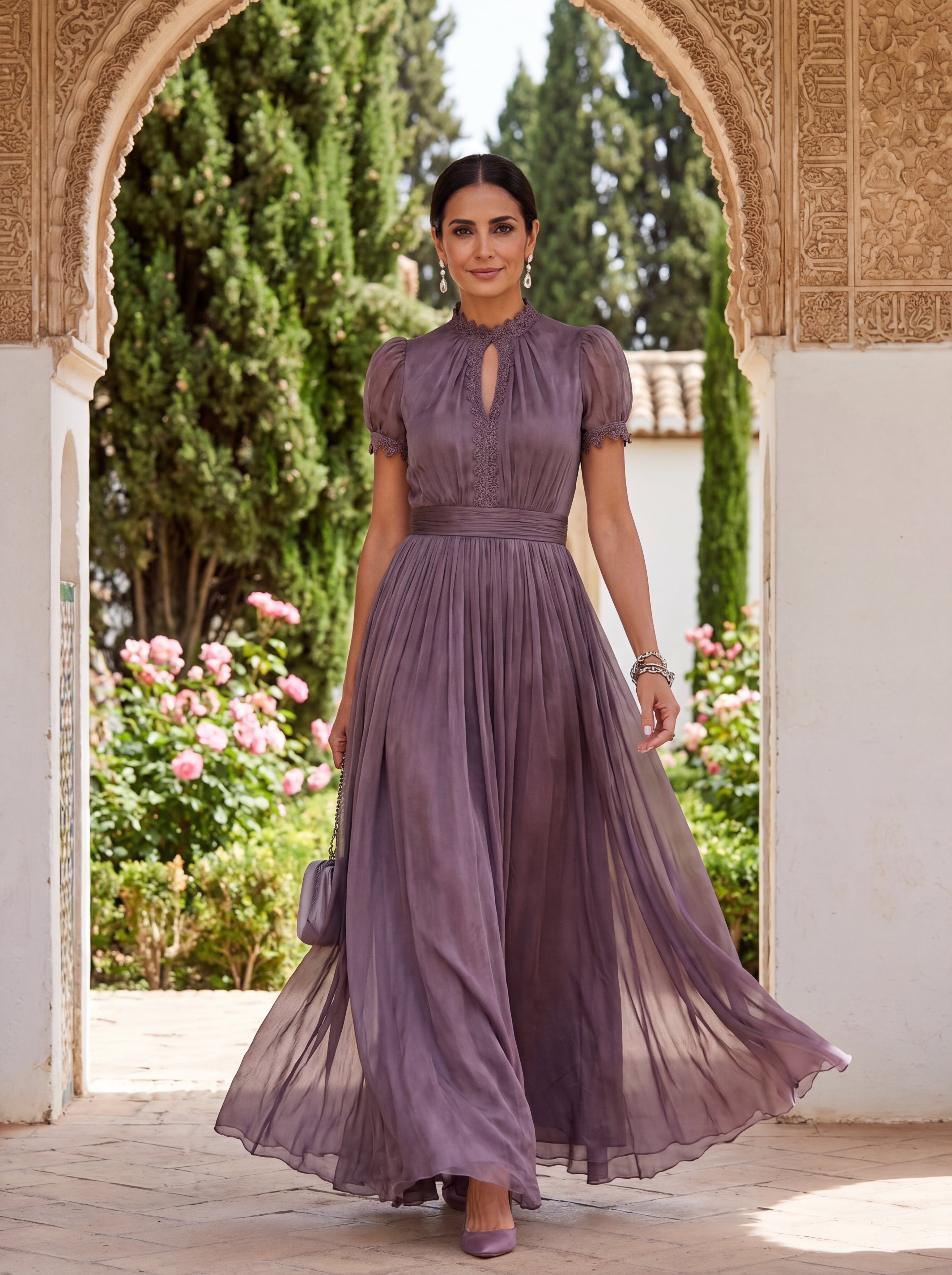 Purple casual midi dress for women, front view worn with flat shoes