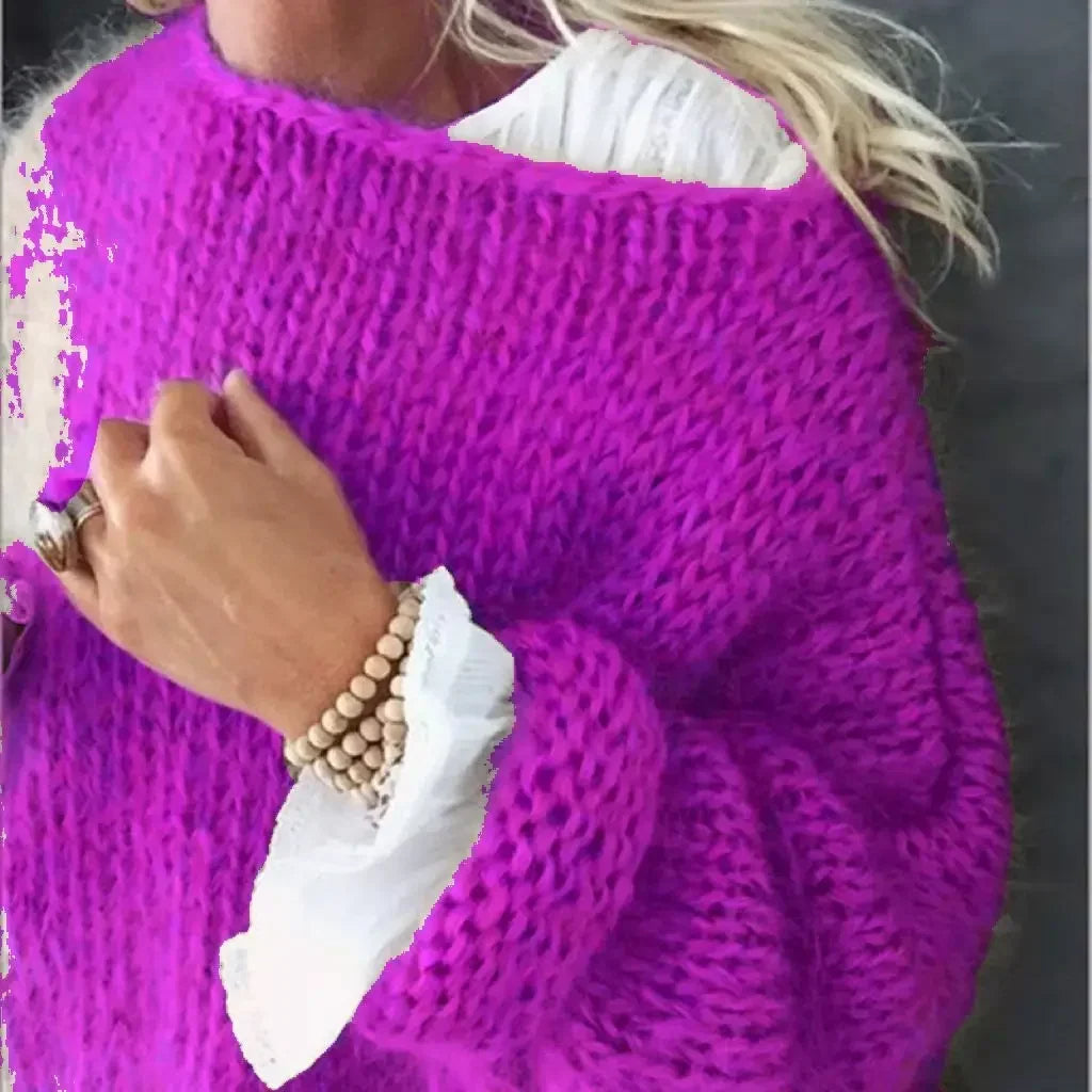 Oversized mohair sweater for women in purple, flat lay showing the wide open neckline