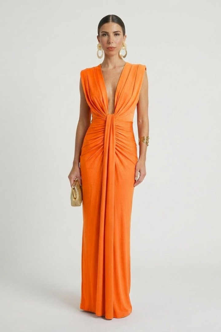 Pleated Maxi Dress for Women in Orange