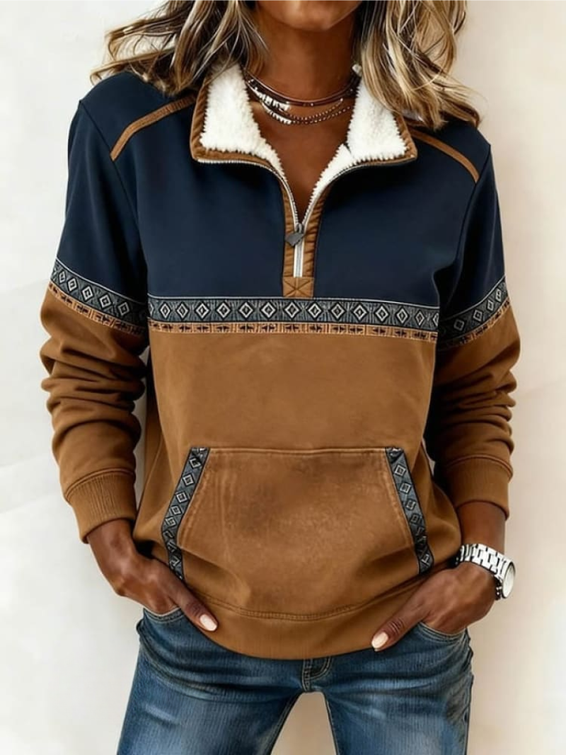 Quarter zip pullover for women in navy and brown, sherpa collar and kangaroo pocket shown from the front
