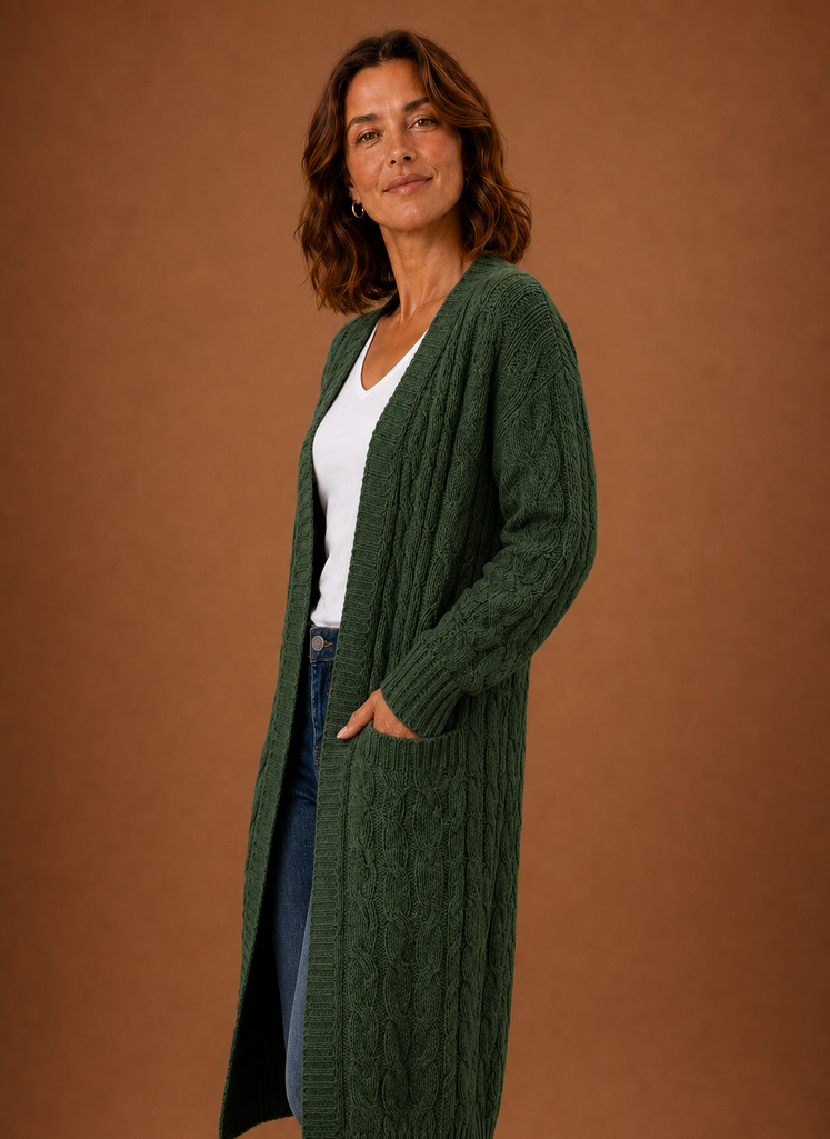 Side profile of the green cardigan showing the hood resting on the shoulders
