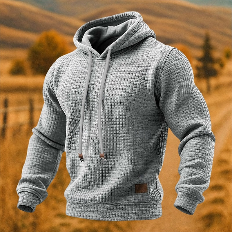 Light grey waffle knit pullover hoodie for men, front view
