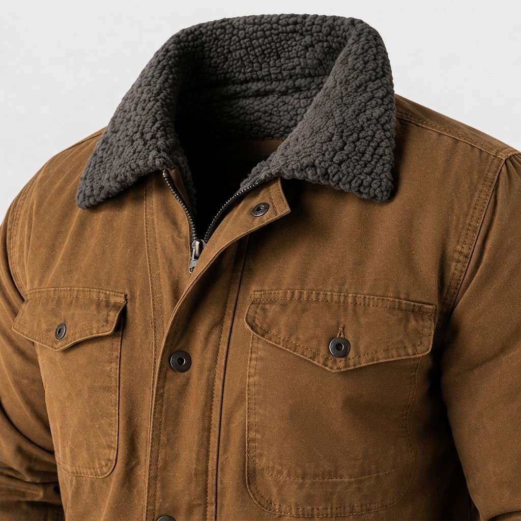 Three-quarter view showing room across the chest for layering