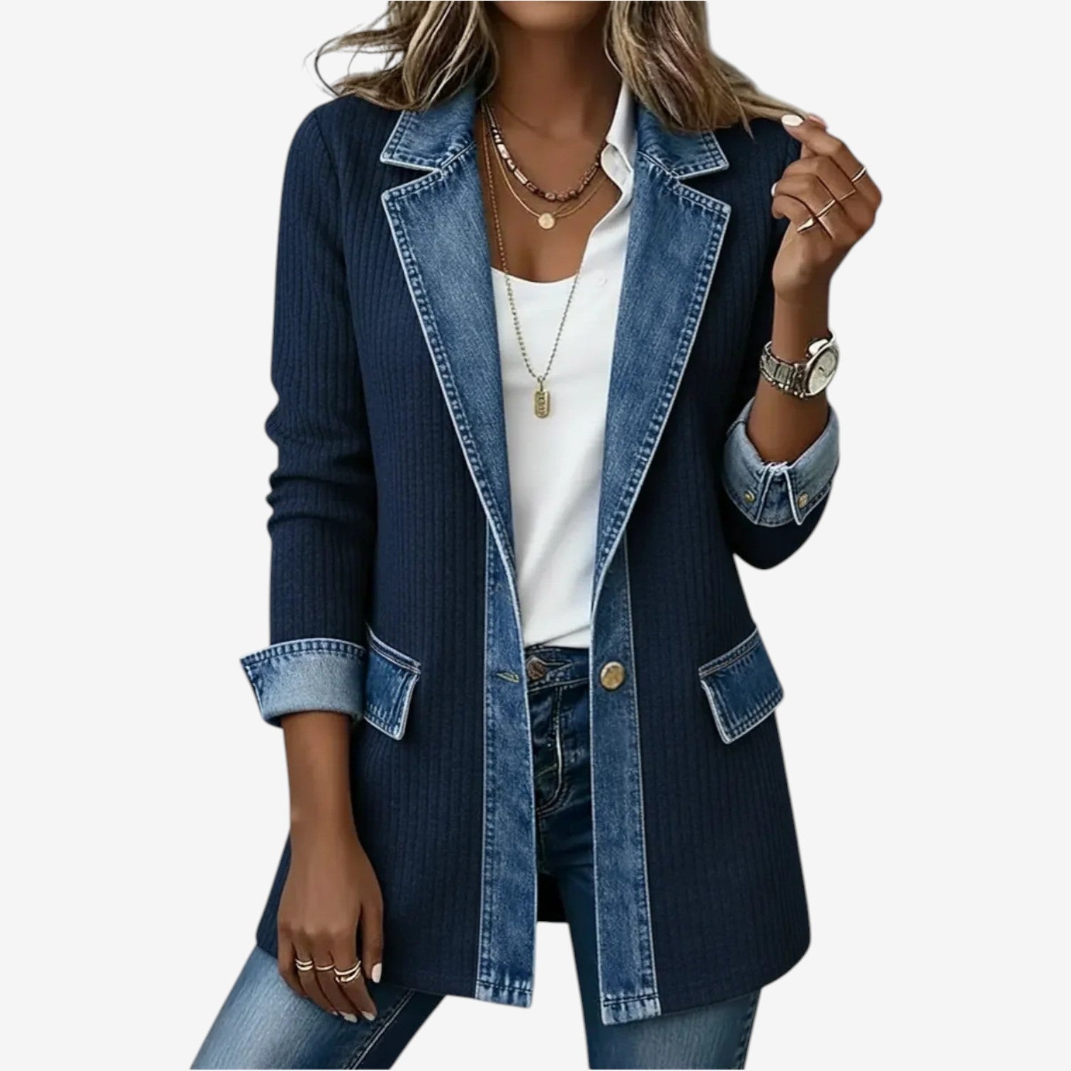 Navy blue jacket buttoned through the front