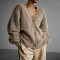 Khaki oversized angora cardigan sweater for women, front view