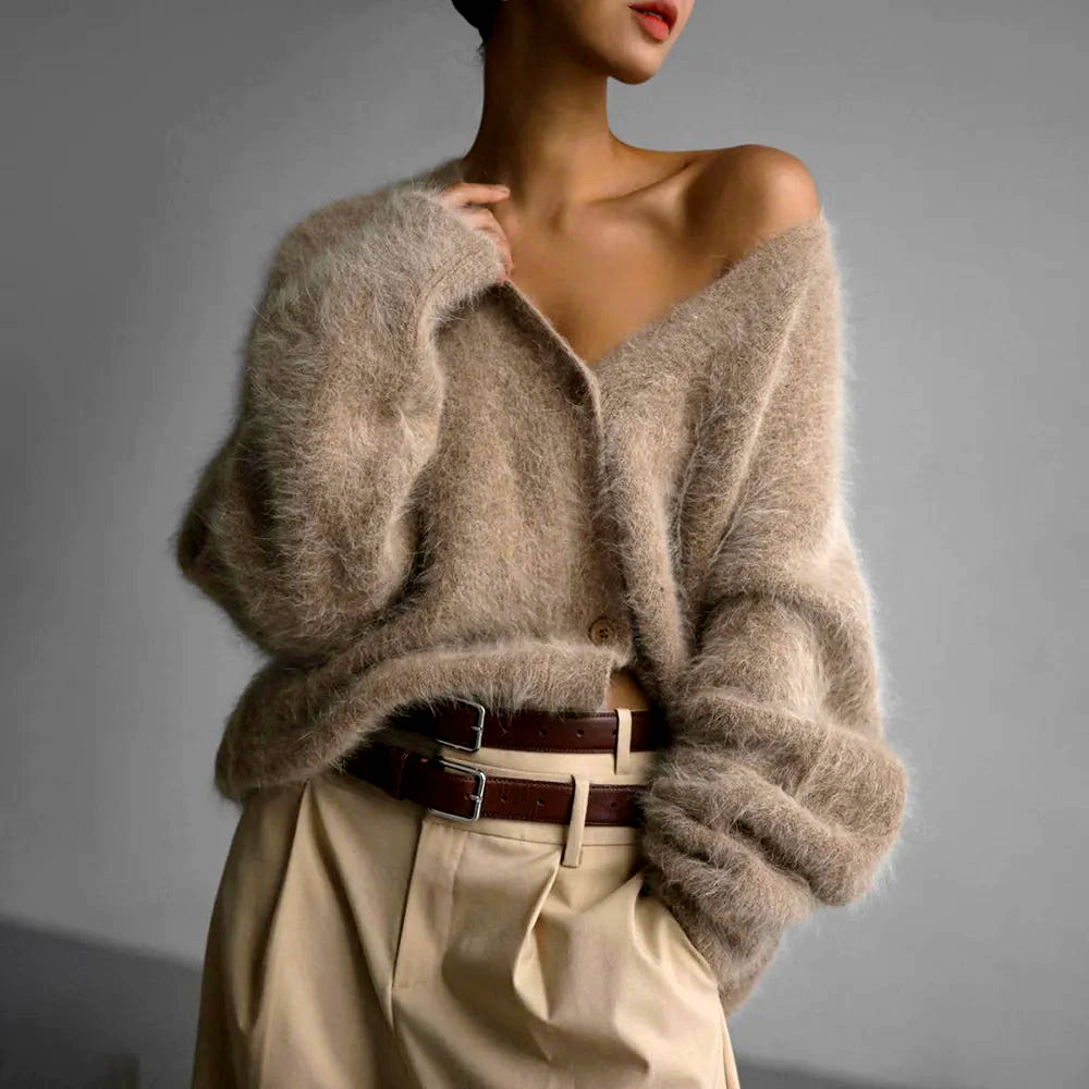 Oversized angora cardigan sweater worn open over a tee, full-length styling shot