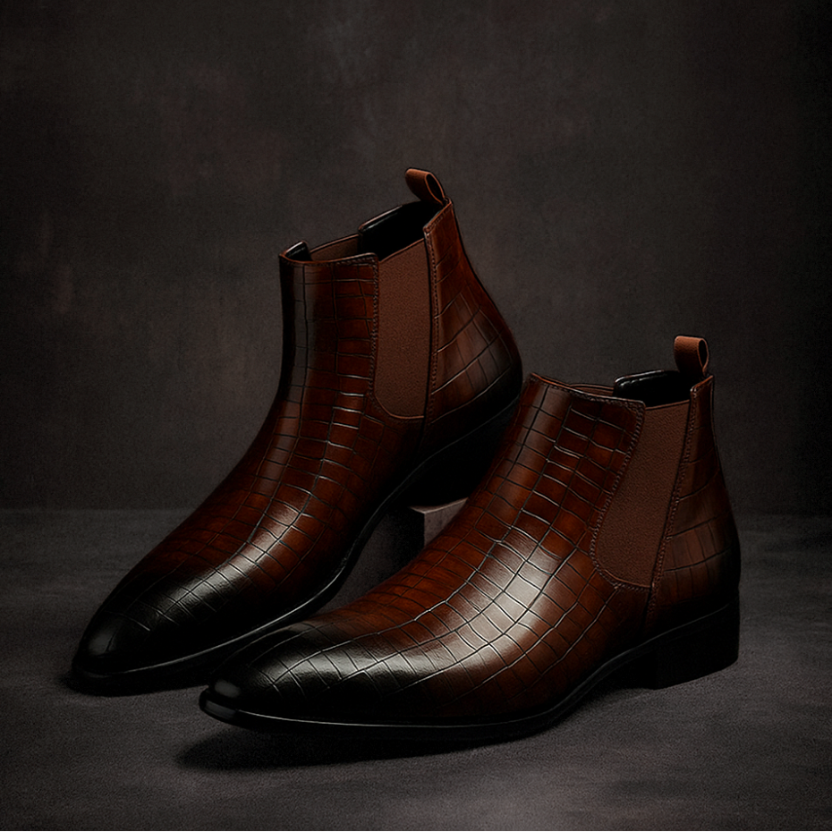 Mahogany snakeskin leather Chelsea boots for men, side view