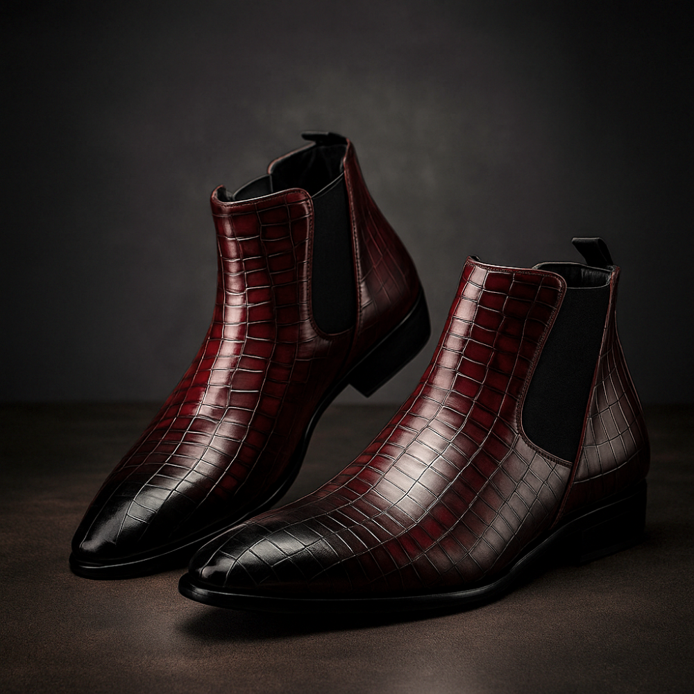 Wine red snakeskin leather Chelsea boots for men, side view