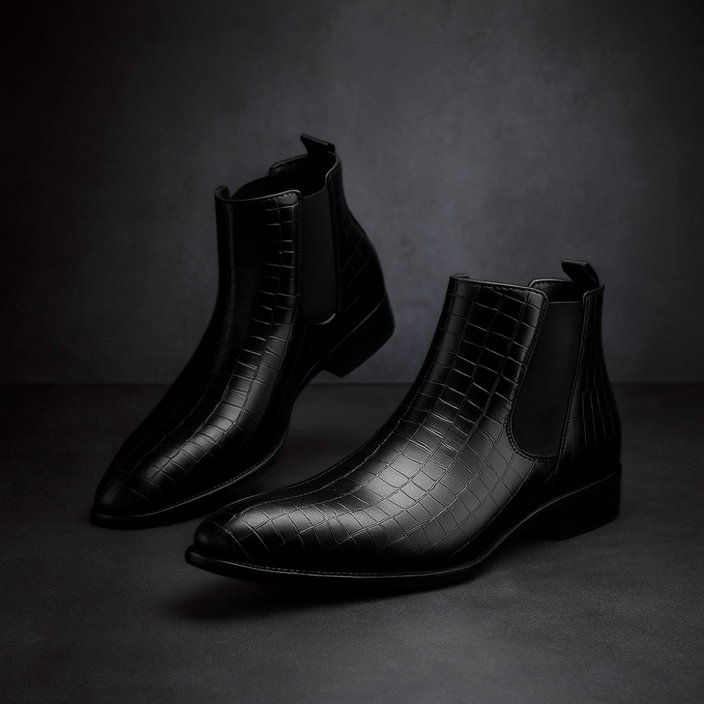 Black snakeskin leather Chelsea boots for men, side view