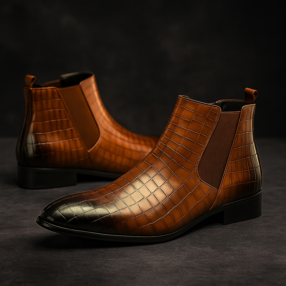 Men's Chelsea boots, close view of the raised snakeskin grain leather