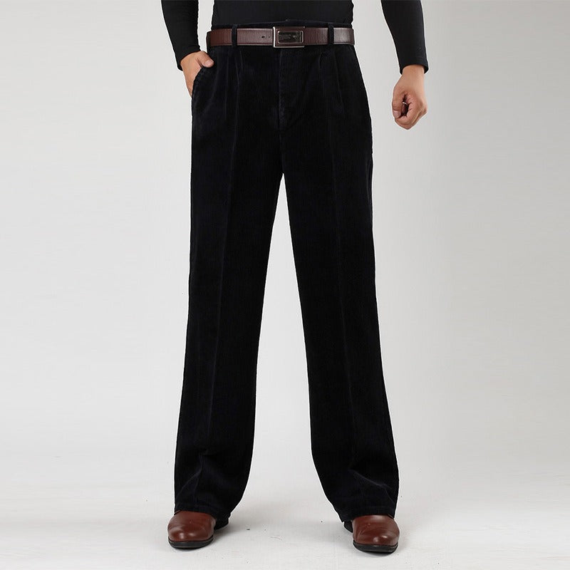 Close-up of the waistband and side pocket on the men's corduroy pants